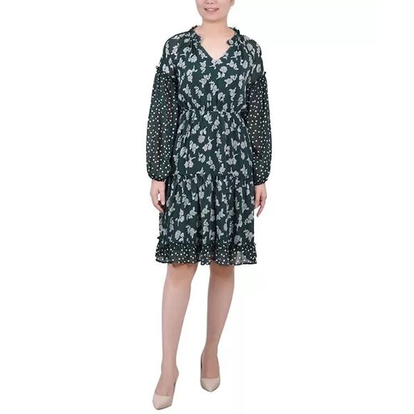 NY Collection Botanical Garden Floral Dot Green Chiffon Mini Dress Petite XL NWT - Picture 1 of 15